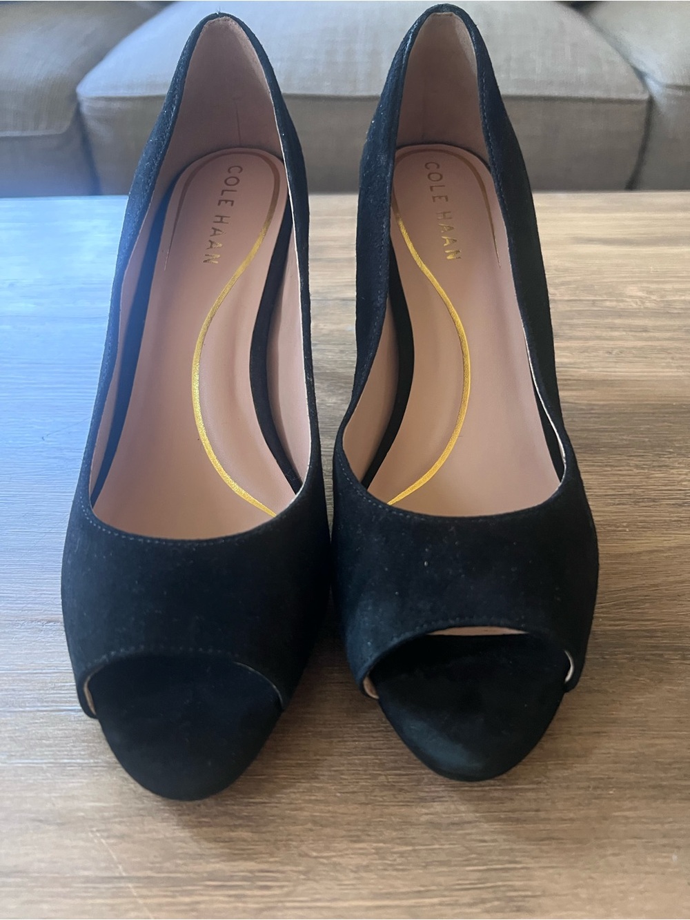 NIB Cole Haan Drado Platform Pump Black Suede Peep Toe Heels Size 7B